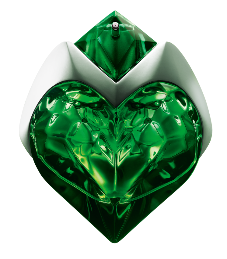 Frasco verde con forma de corazón de Aura de Mugler.